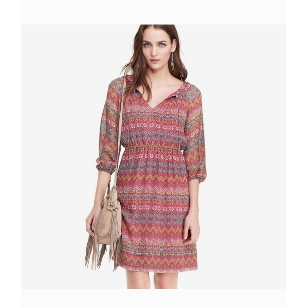 Diane von Furstenberg Silk Mini Dress Womens 4 Pink Geometric Boho Ruffle Tie‎